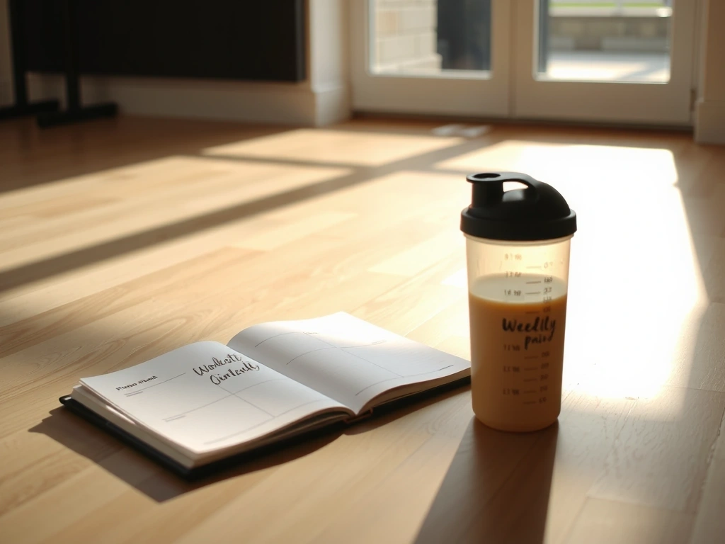 Planificator de antrenament și shaker proteic pe podea de lemn